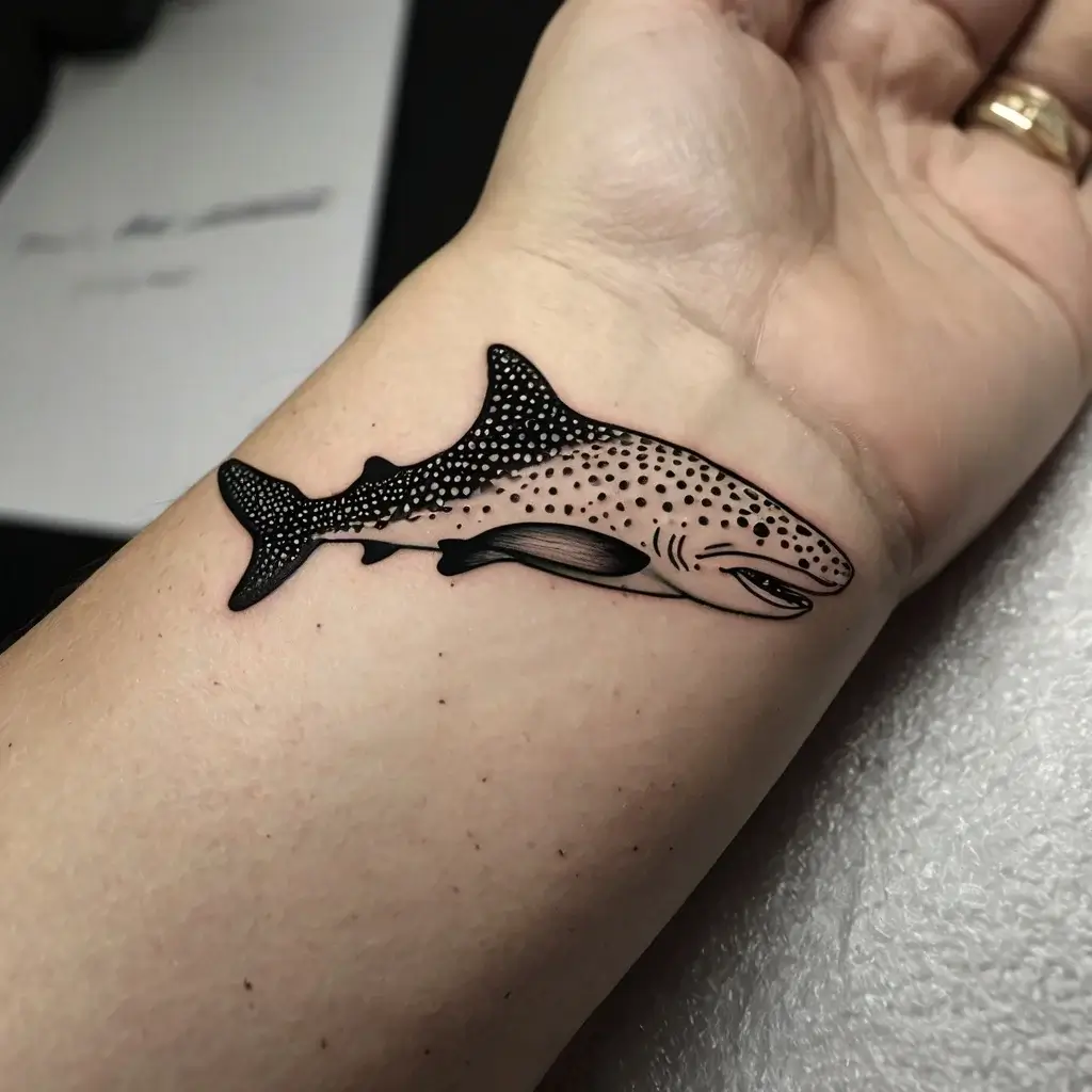 Tattoo of a whale shark on wrist, featuring black ink with dot detailing for a textured, realistic effect.