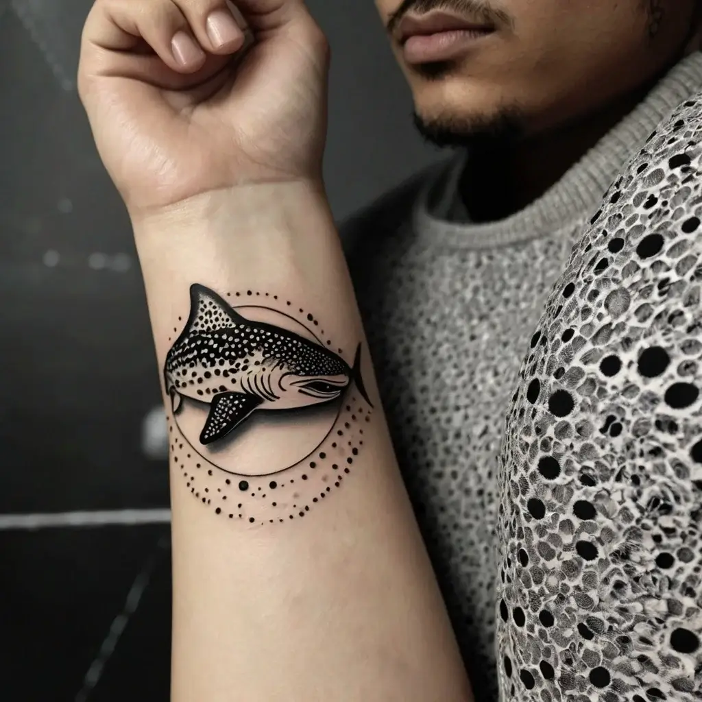 Tattoo of a shark with dot work detail, surrounded by circular patterns on the forearm, blending boldness and precision.