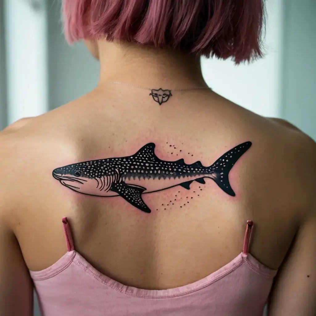 Tattoo of a stylized whale shark on the back, featuring detailed dot work and bold outlines, with subtle shading.