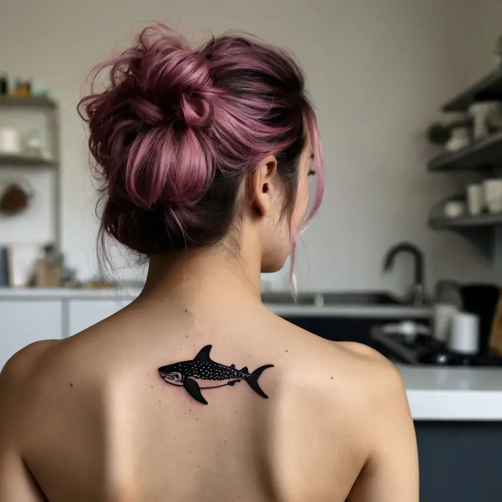 Tattoo of a stylized black and white shark on the upper back, featuring intricate patterns and bold lines.