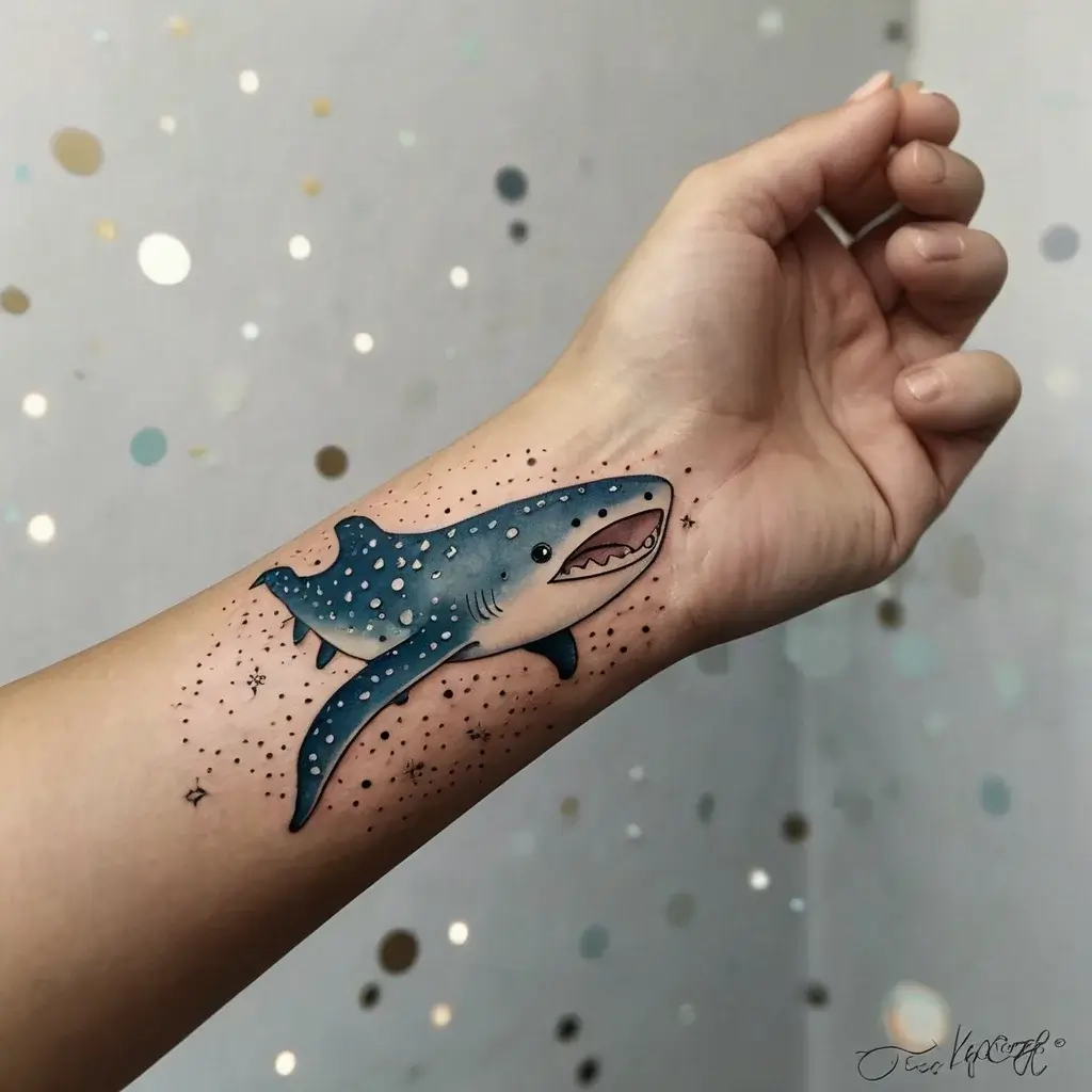 Stylized whale shark tattoo with dots and stars on forearm; shades of blue and white with a playful expression.