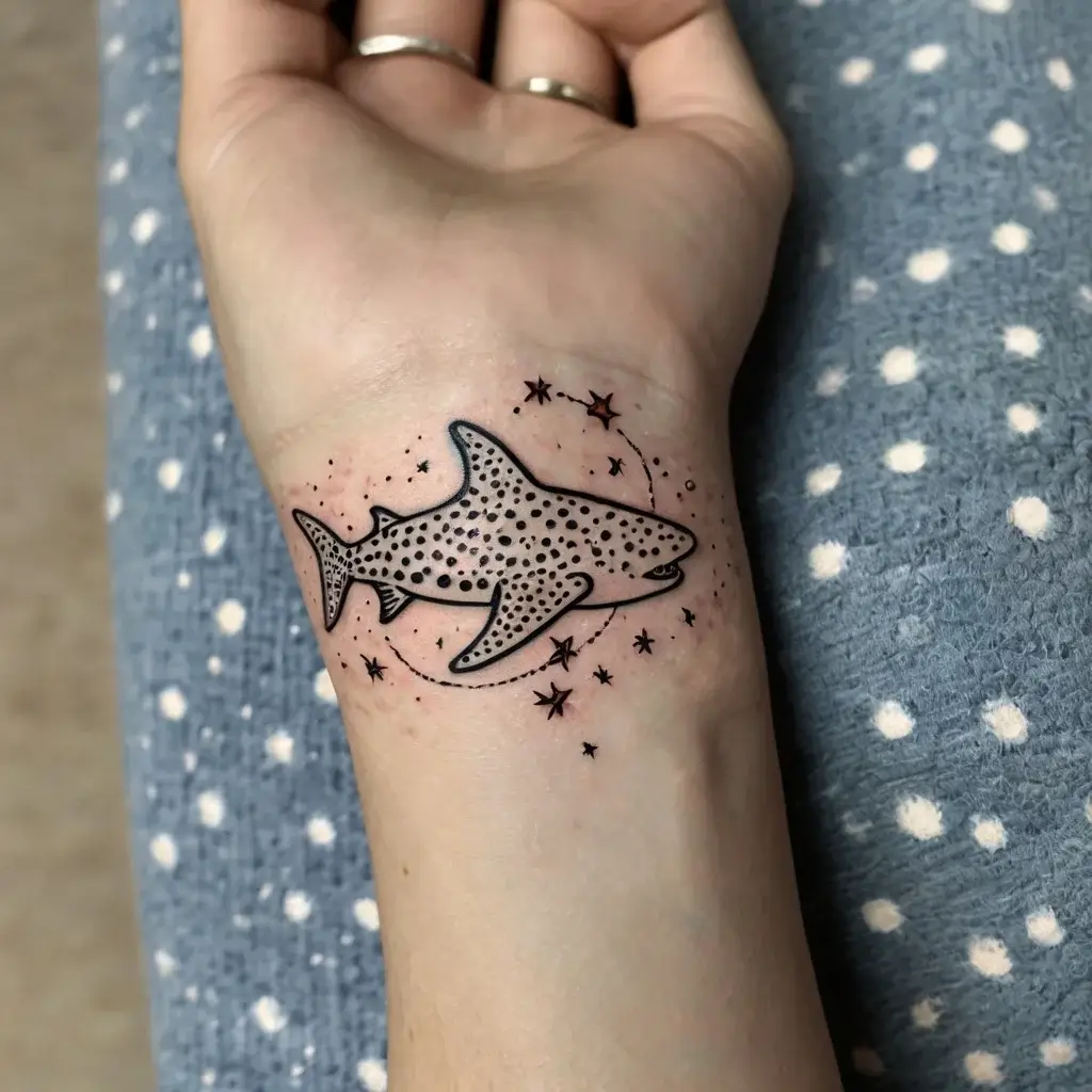 Tattoo of a whale shark in dotwork style, surrounded by small stars and constellations on a wrist.