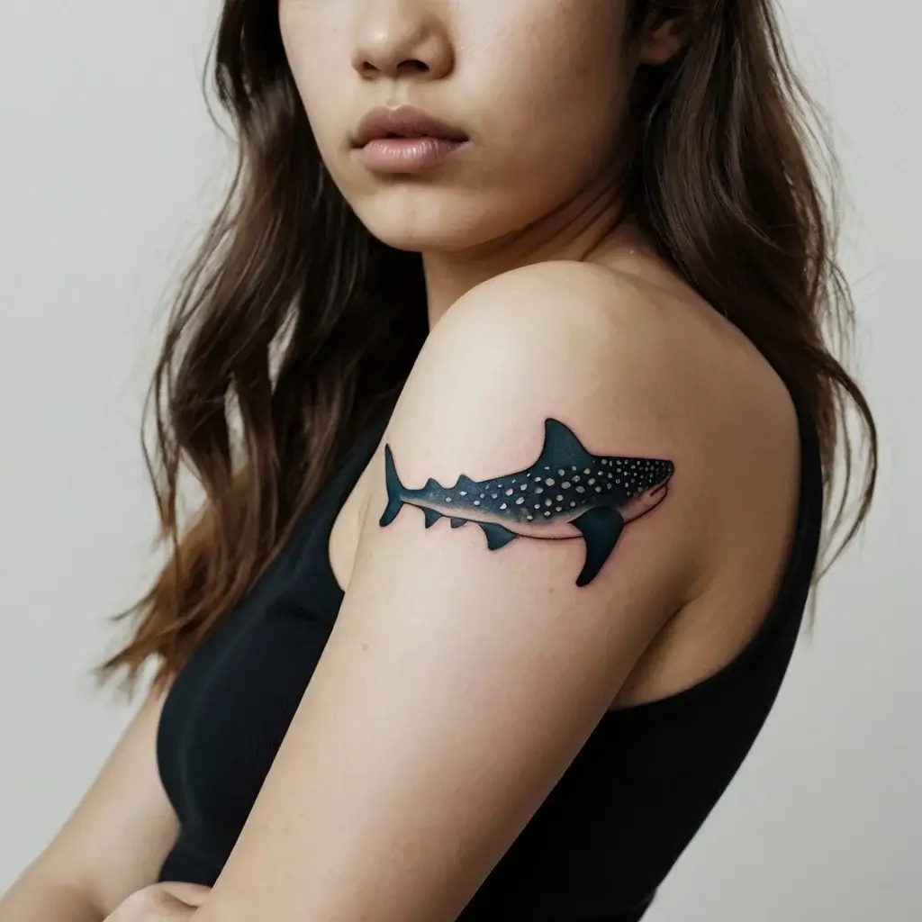 Tattoo of a whale shark on the upper arm, featuring realistic details and distinctive white spots against a dark body.