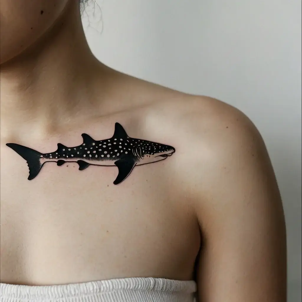 Tattoo of a detailed whale shark with dotted patterns, elegantly positioned across the collarbone, showcasing marine beauty.