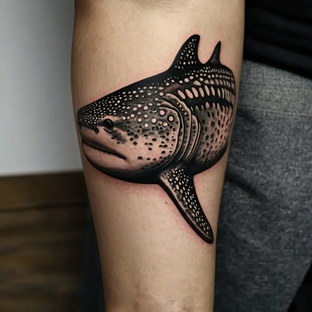 Realistic black and grey whale shark tattoo on arm with intricate dot and line patterns highlighting its texture.