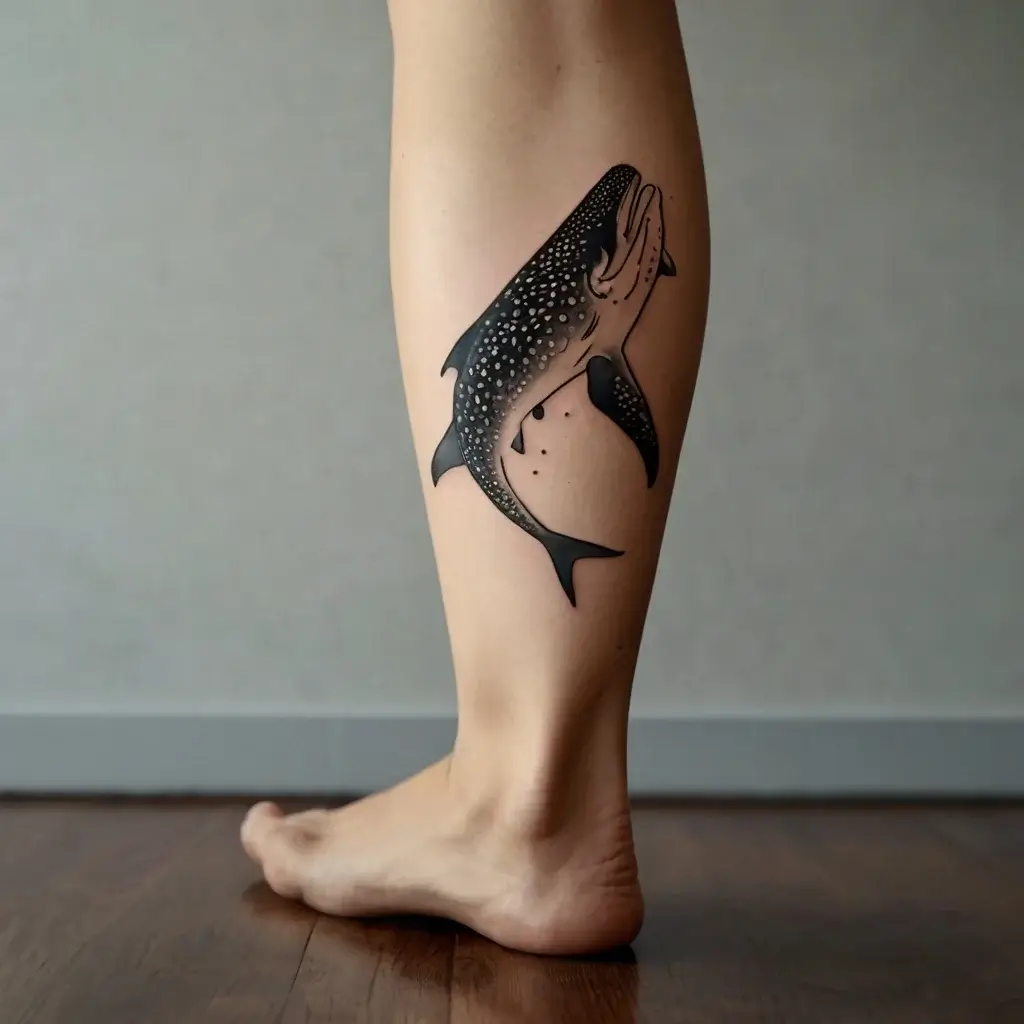 Tattoo of a whale shark in bold black outlines with shaded spots, gracefully swimming on a person's calf.