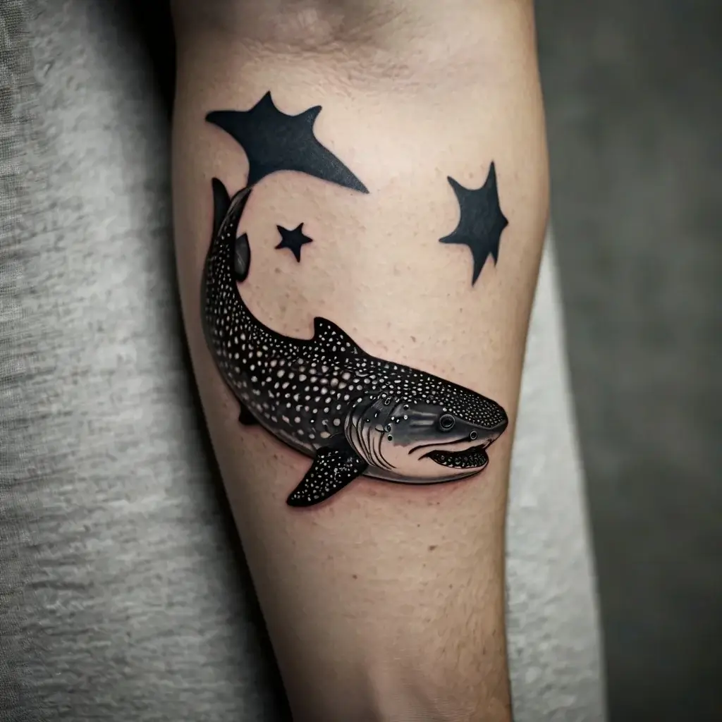 Tattoo of a detailed whale shark swimming with black star shapes, emphasizing oceanic beauty and marine life.