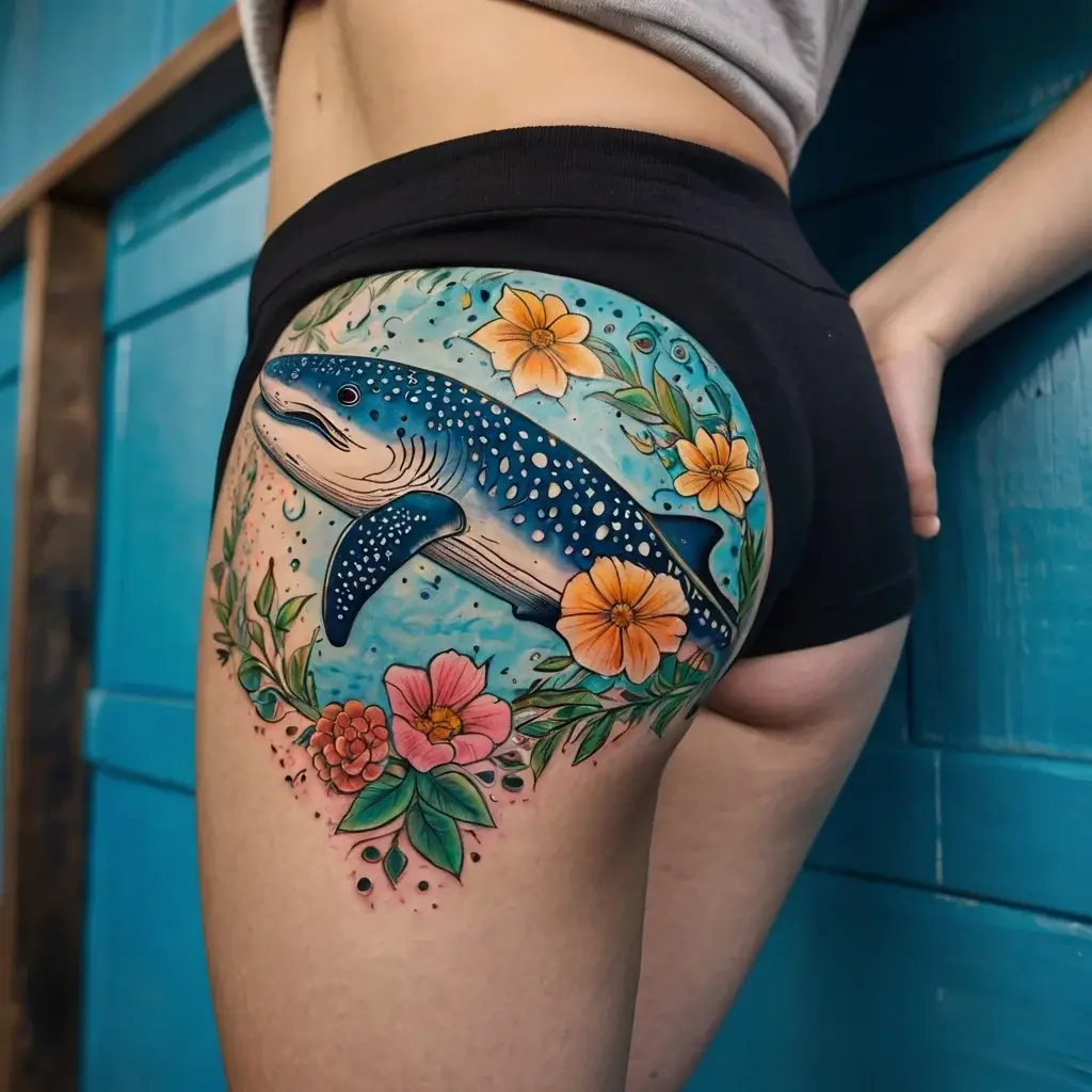 Whale shark tattoo with colorful flowers and leaves, blending aquatic and floral themes on the side of the hip.