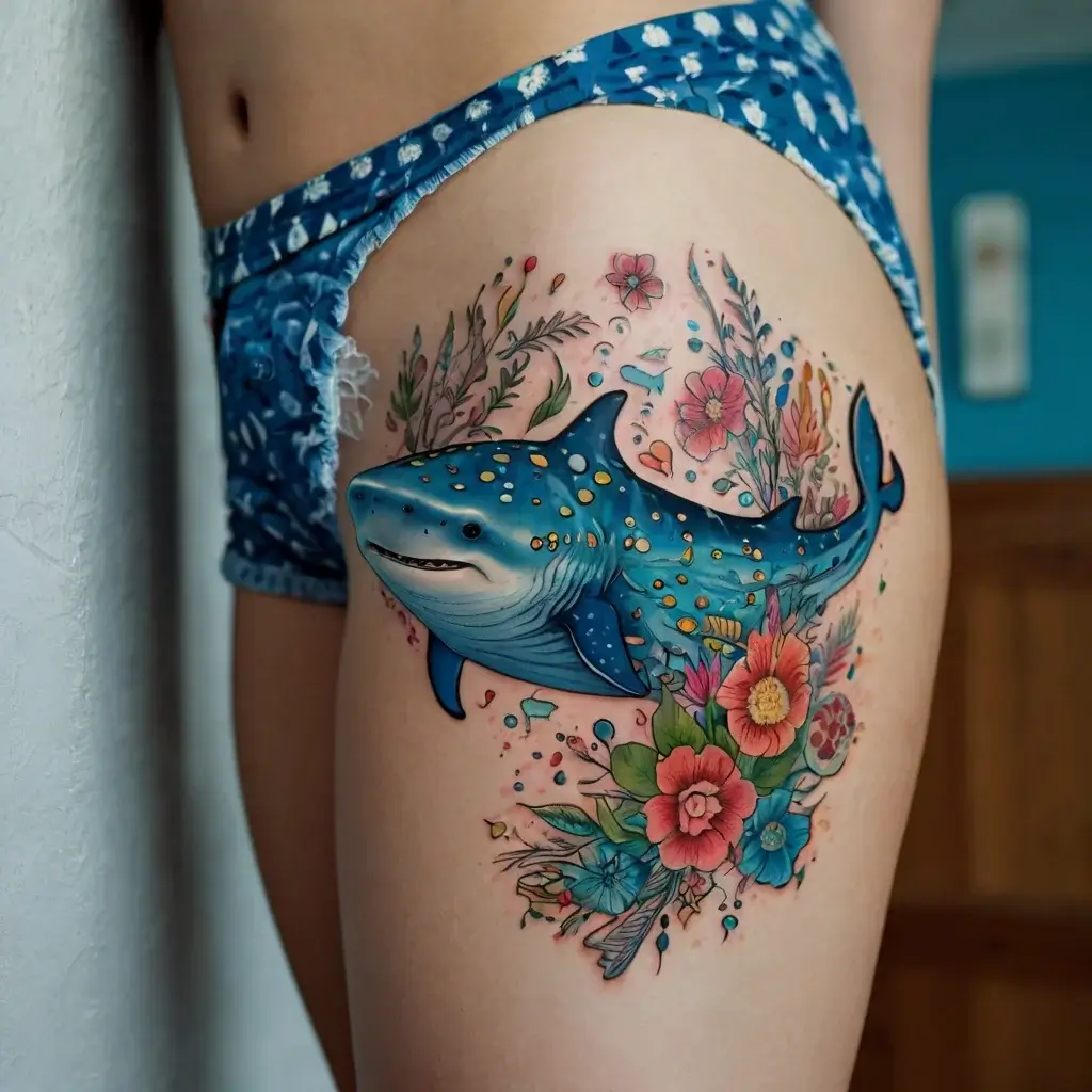 Colorful tattoo of a whale shark surrounded by vibrant flowers and seaweed, blending marine and floral elements.