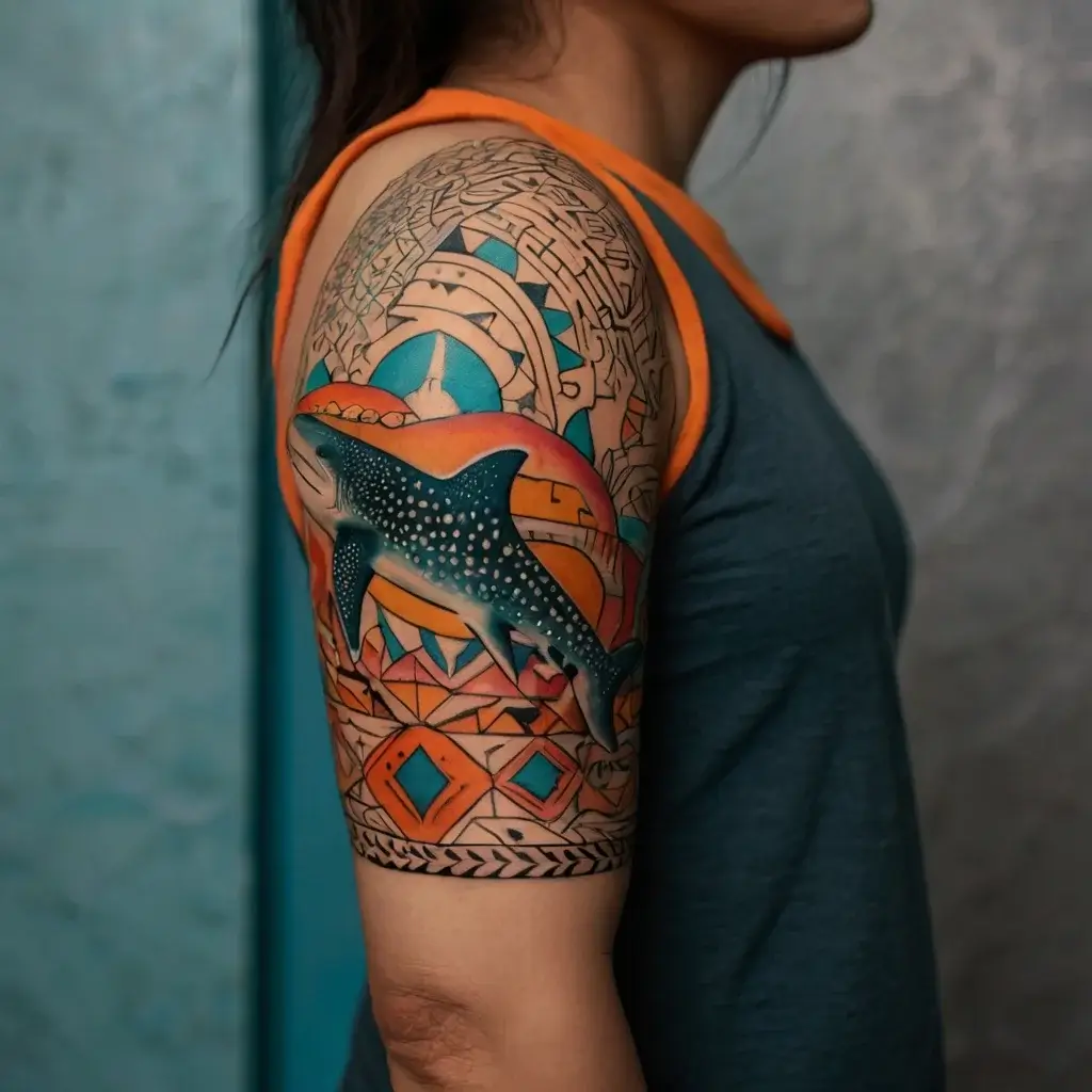 Colorful whale shark tattoo with geometric and tribal patterns, featuring orange and blue accents on the upper arm.