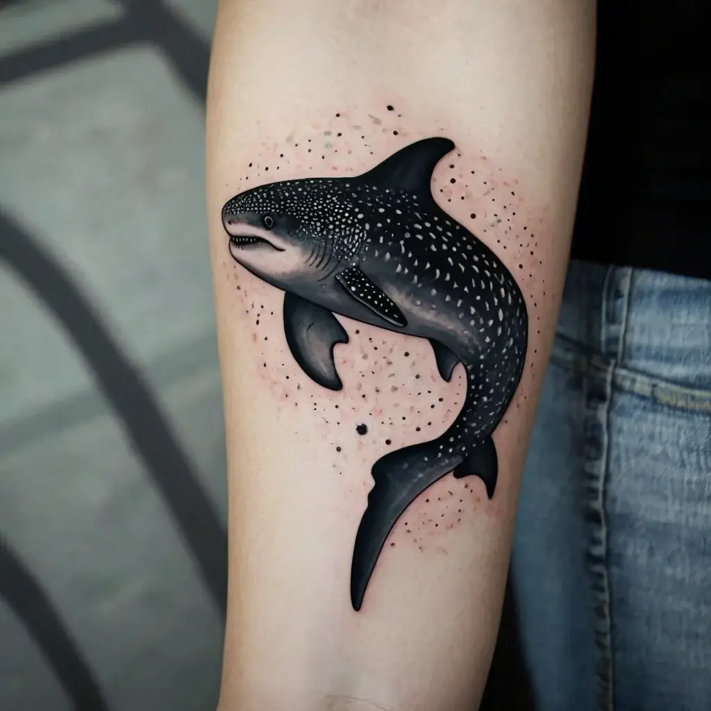 A realistic whale shark tattoo with intricate dotwork and shading on the upper arm, surrounded by scattered speckles.