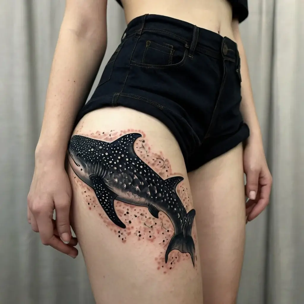 Realistic whale shark tattoo, detailed with black and white spots, swimming across the upper left thigh.