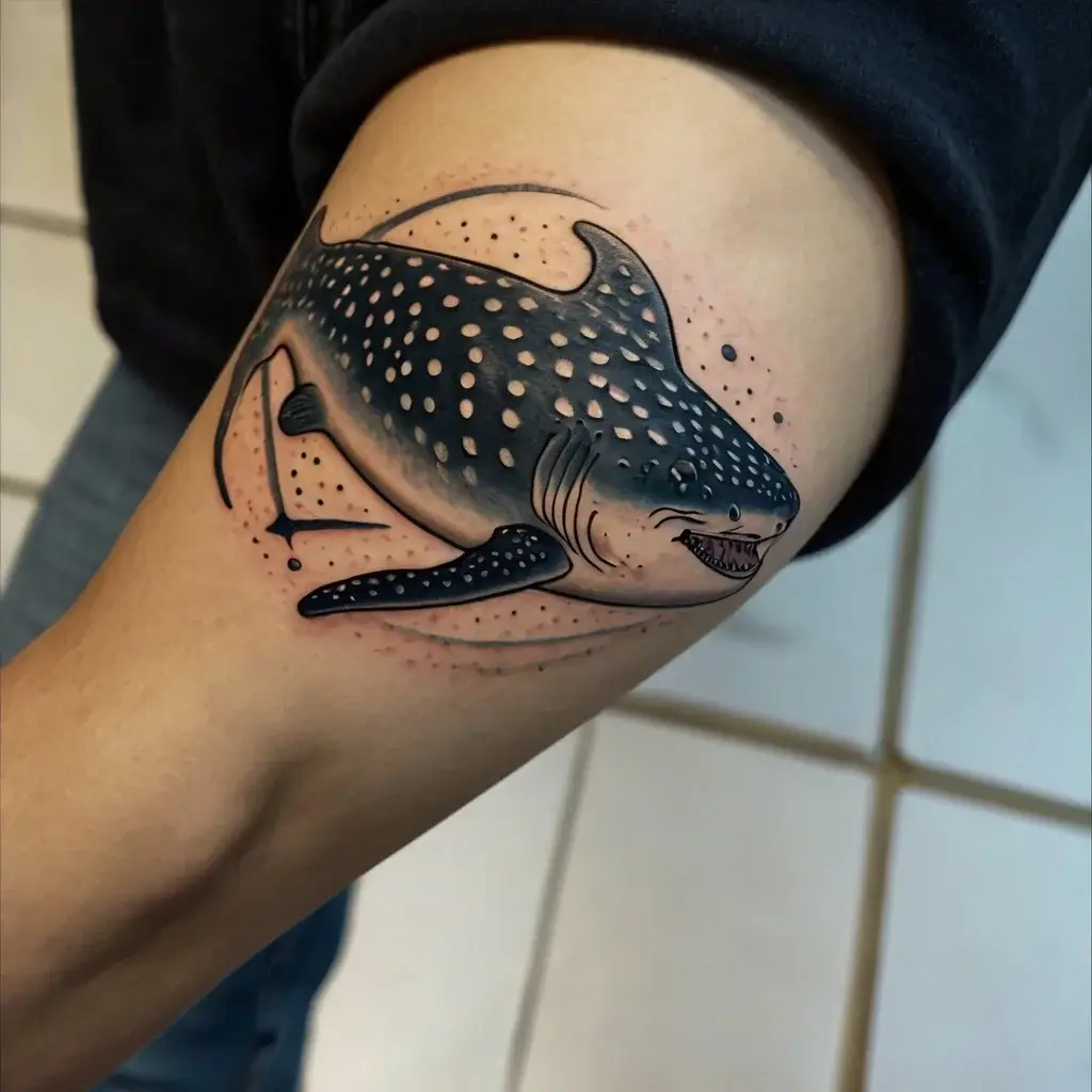 Tattoo of a detailed whale shark with intricate dot work and shading, creating a dynamic 3D effect on an arm.