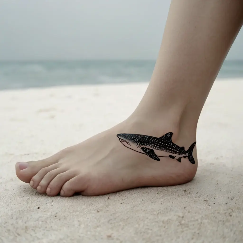 Whale shark tattoo on foot; black and white dotwork style, showcasing elegance and tranquility in marine life design.