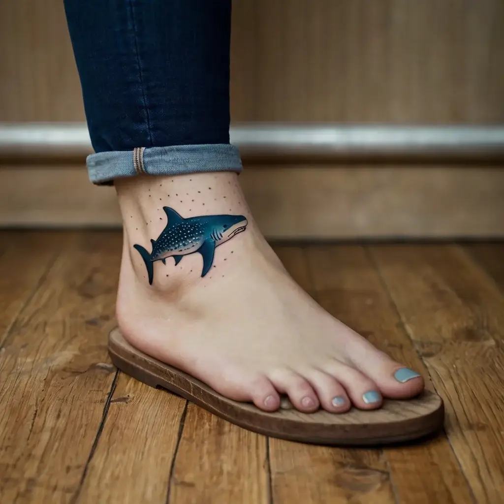 Tattoo of a blue shark with dot work details on the ankle, showcasing dynamic movement and rich shading.