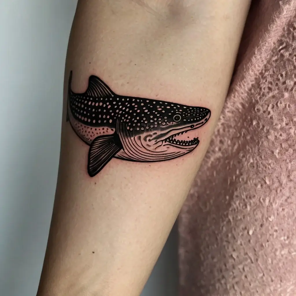 Tattoo of a stylized whale shark with intricate dot pattern and bold outlines on the arm.