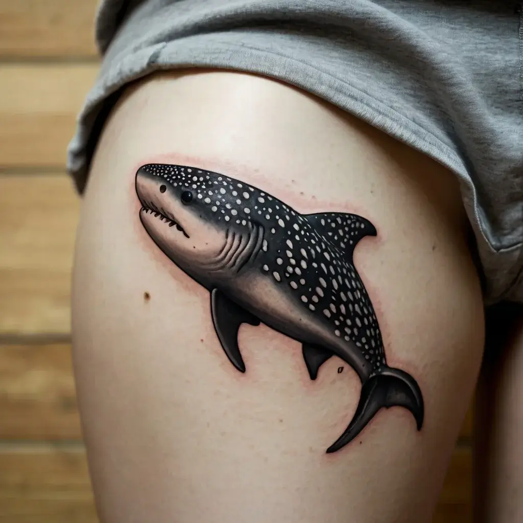 Realistic whale shark tattoo on thigh, detailed with shading and white spots, showcasing its majestic form and texture.