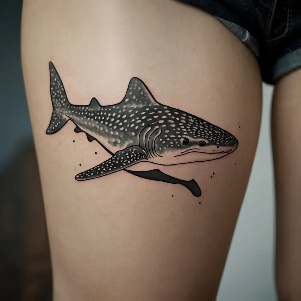 Tattoo of a realistic whale shark with distinct white spots, swimming gracefully on the upper thigh.