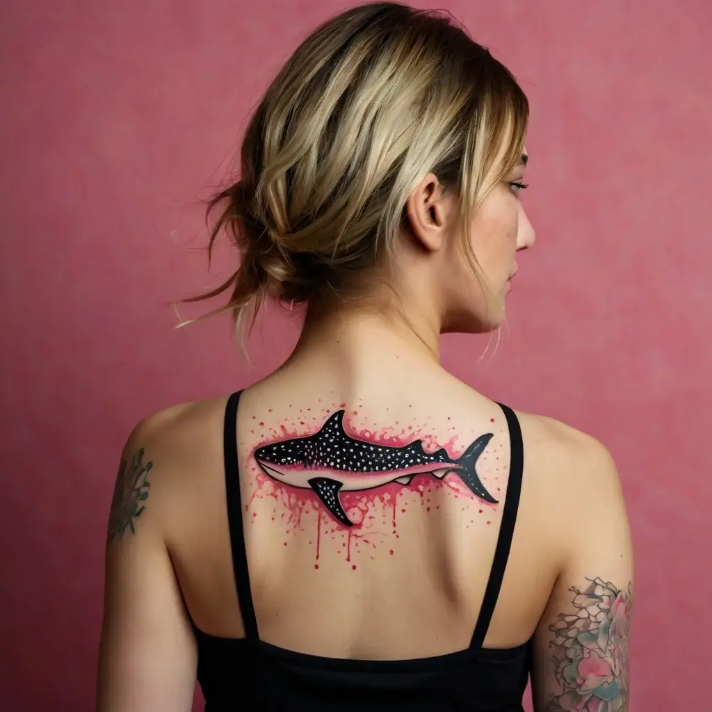 Whale shark tattoo on upper back with dot detailing and pink splashes, blending realism and watercolor styles.