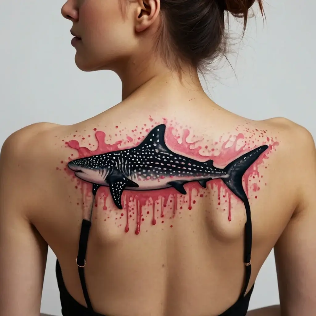 Realistic whale shark tattoo on back, with black and white spots, surrounded by pink splash for dynamic effect.