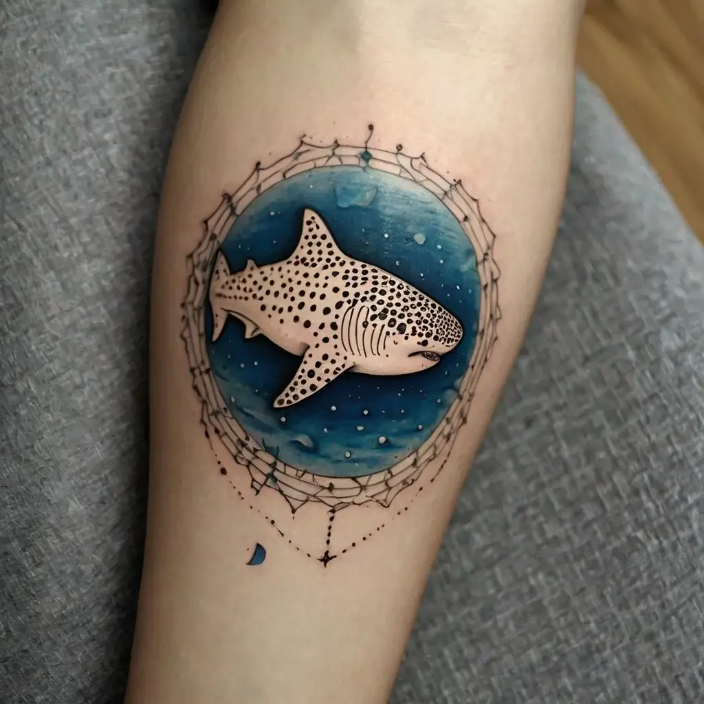 Tattoo of a whale shark with dot pattern details in a blue ocean circle, surrounded by an intricate geometric web.