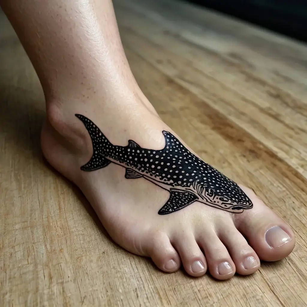 A detailed whale shark tattoo on the foot, showcasing its unique dotted pattern and streamlined form in black ink.