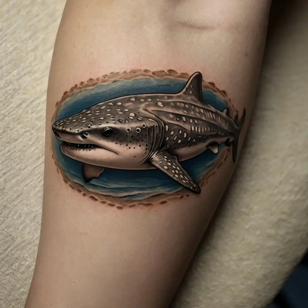 Realistic whale shark tattoo, featuring a 3D effect with ocean hues, surrounded by a torn skin illusion.