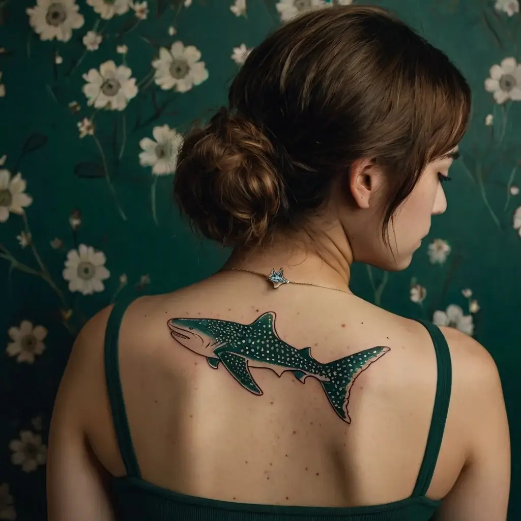 Whale shark tattoo with teal body and white dots, elegantly designed on the upper back against a floral backdrop.