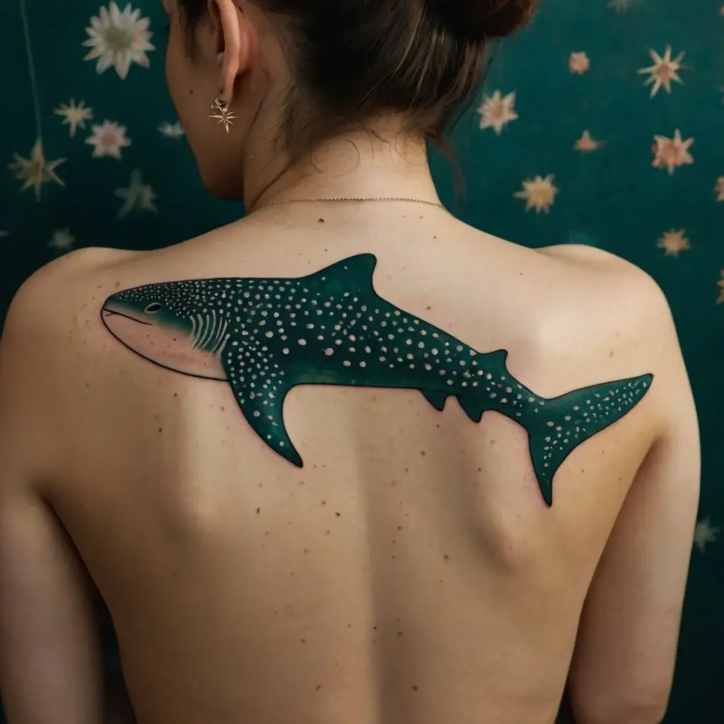 Back tattoo of a detailed, dotted whale shark with deep teal hues, spanning shoulder blades against a starry backdrop.