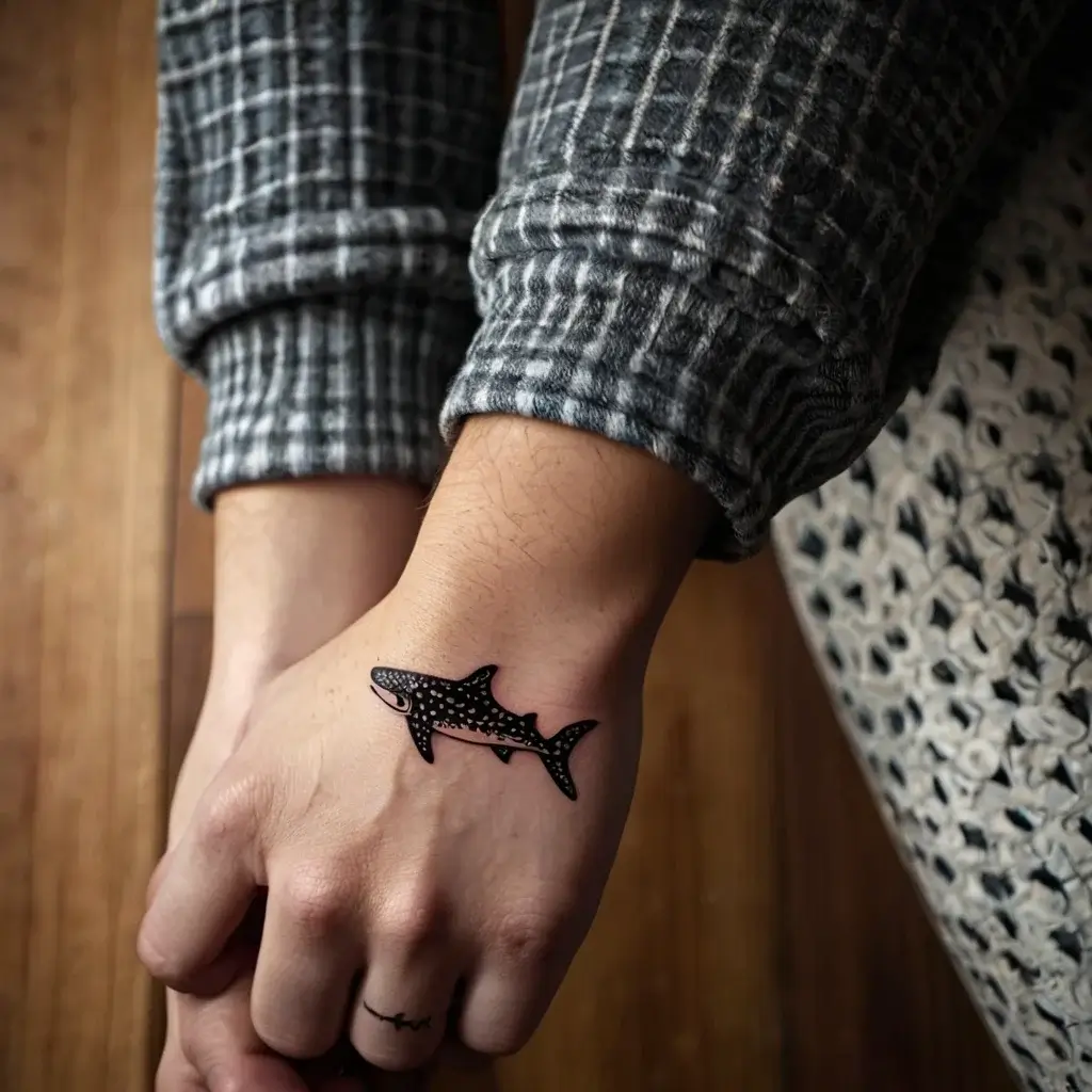 Tattoo of a black-and-white shark on the hand, features intricate dotwork detailing, symbolizing strength and freedom.