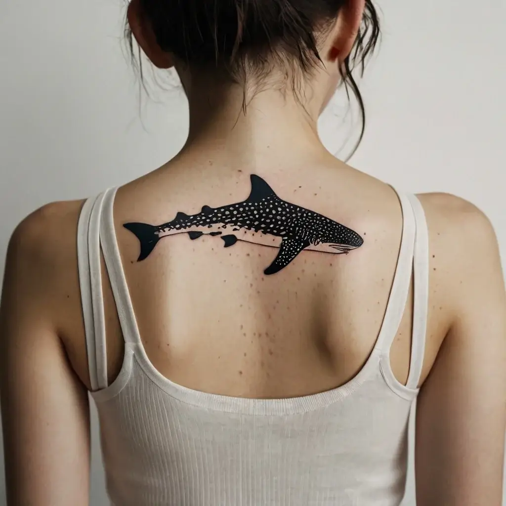 Tattoo of a realistic whale shark on upper back, showcasing detailed spots and shading, symbolizing grace and strength.