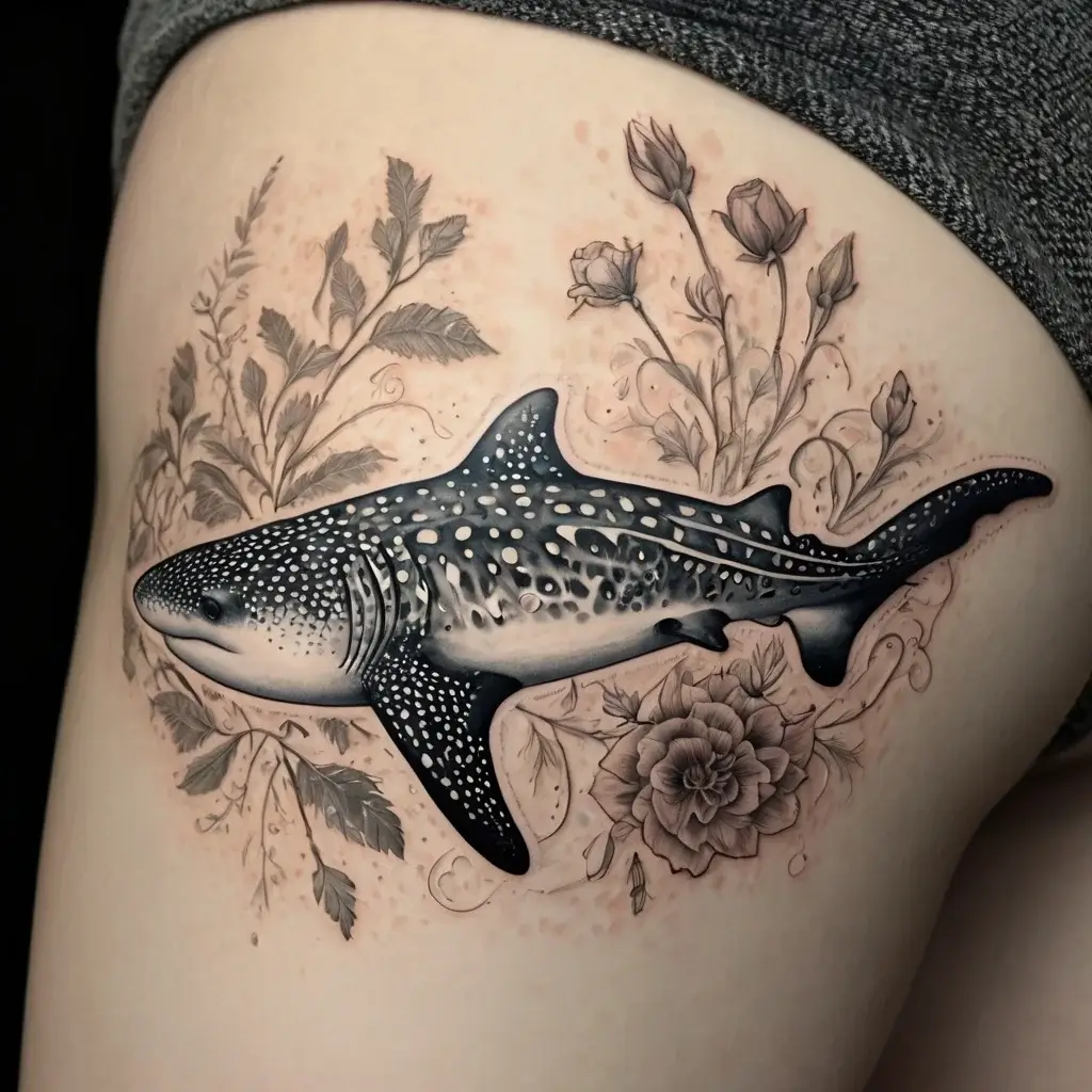 Tattoo of a detailed whale shark with floral elements, featuring roses and leaves in grayscale.