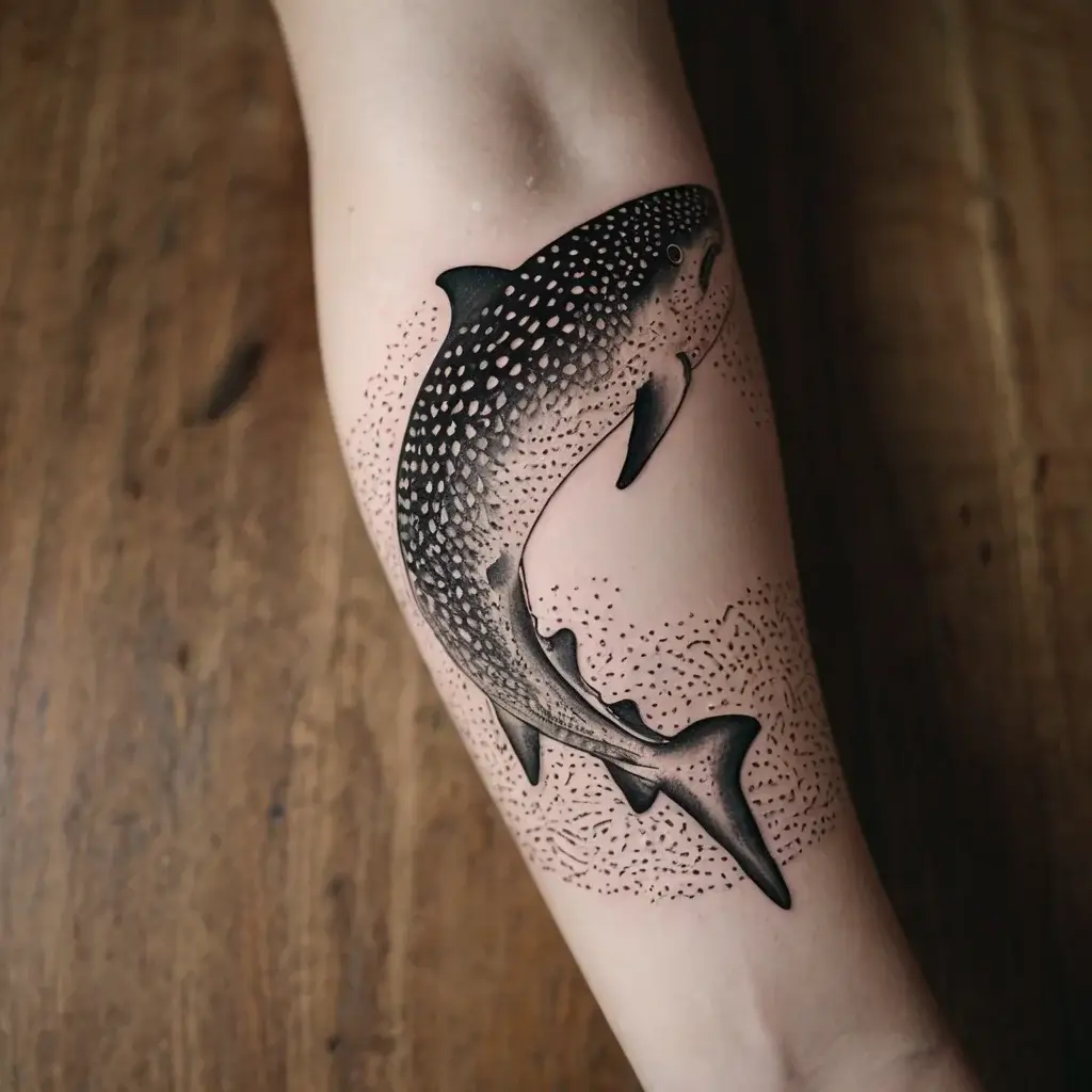 Tattoo of a detailed whale shark with dotwork shading, capturing its majestic and gentle nature.