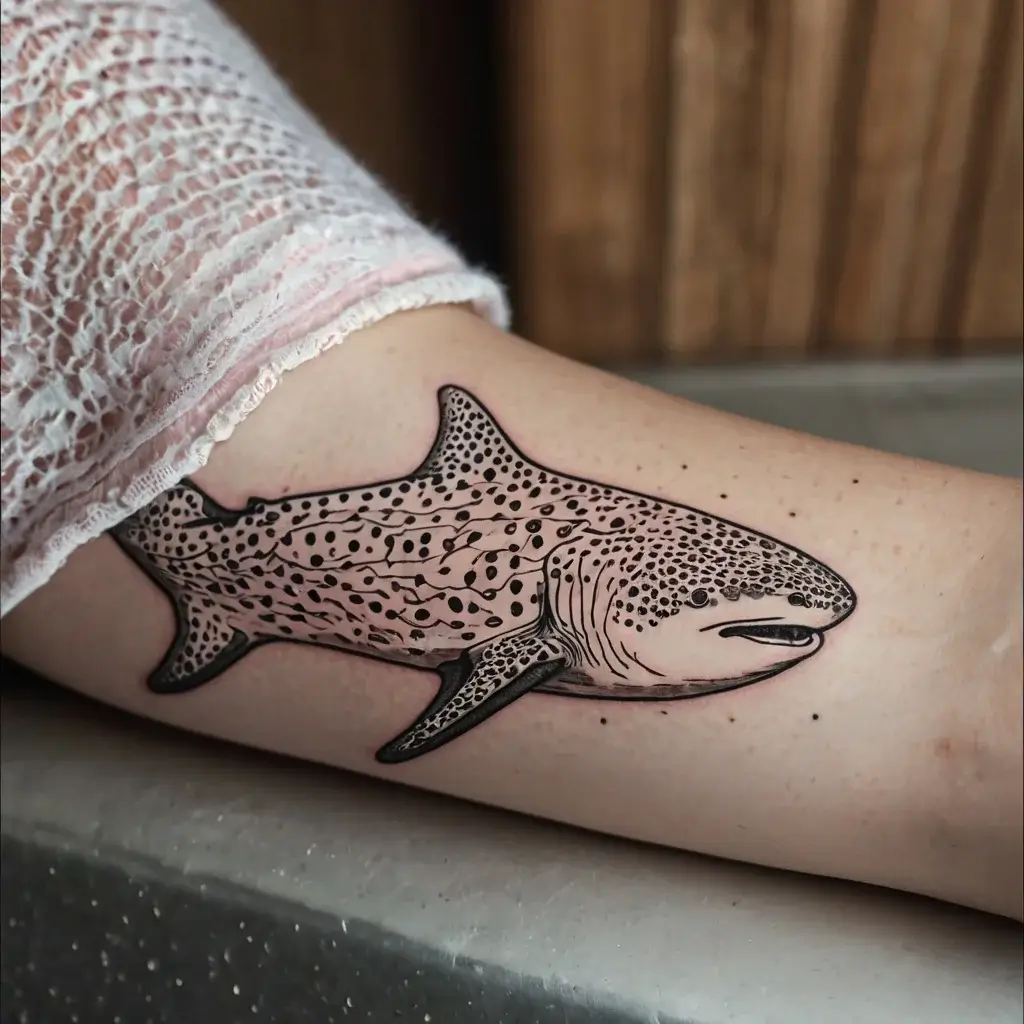 Tattoo of a detailed whale shark with intricate dots and shading on the arm, capturing its gentle nature and majesty.