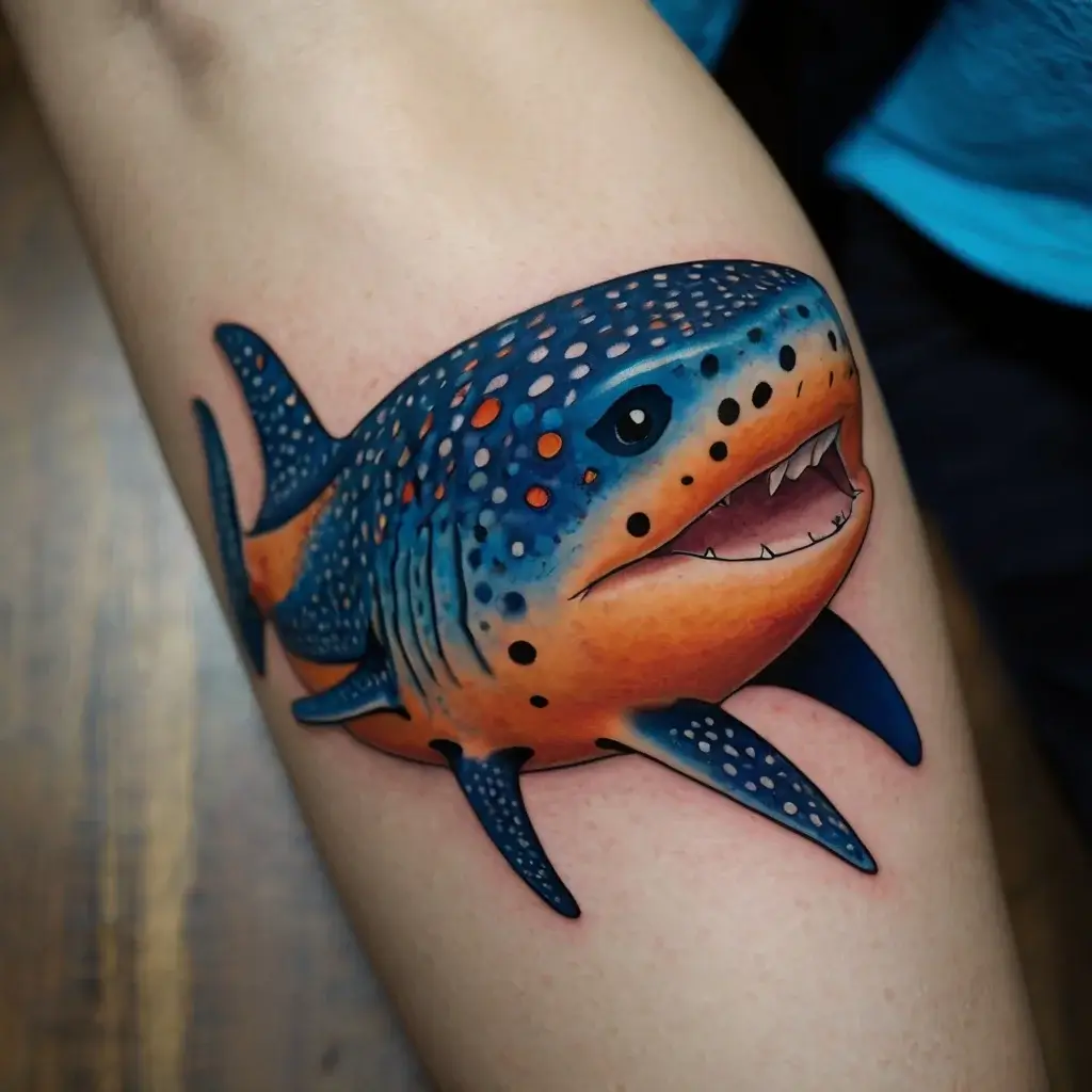 Colorful whale shark tattoo with blue and orange hues, featuring dynamic shading and intricate dot patterns.