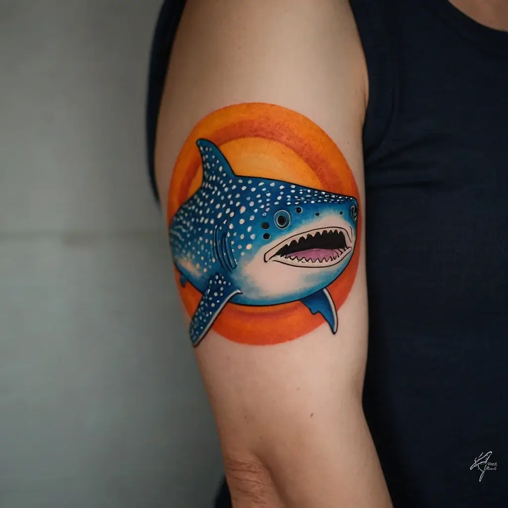 Vibrant tattoo of a blue whale shark with white spots, set against a bold orange sunburst on the upper arm.