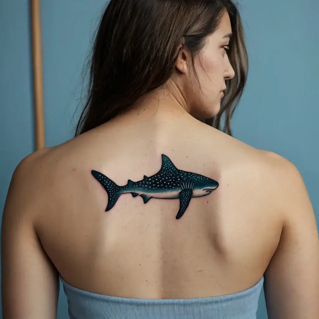 Realistic whale shark tattoo on a woman's upper back, featuring intricate dot patterns in blue and white.