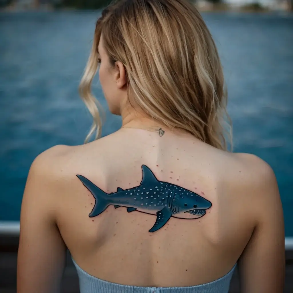 A realistic whale shark tattoo on a woman's back, featuring detailed spots and shading, symbolizing strength and mystery.