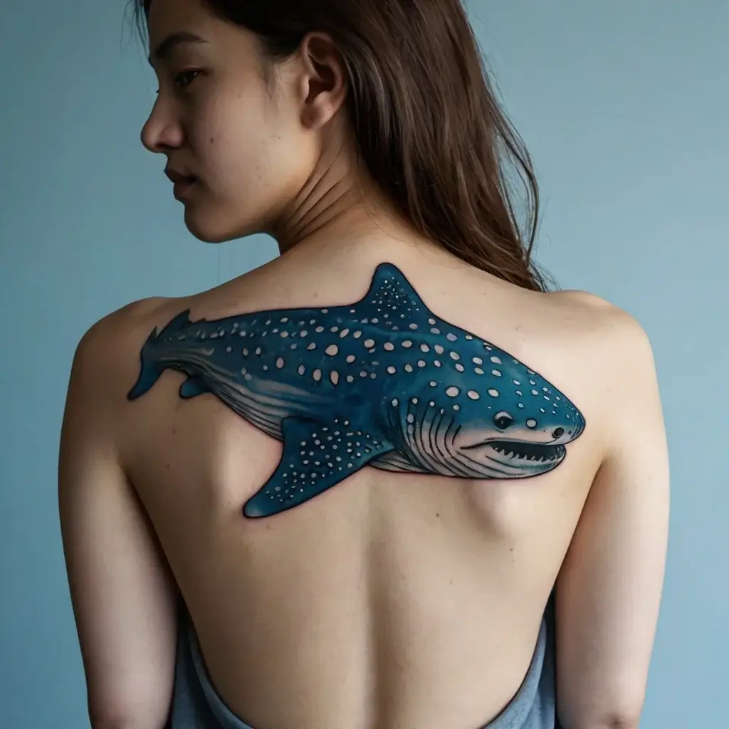 Tattoo of a detailed whale shark on the upper back, with vibrant blue hues and white spots, creating a realistic oceanic effect.