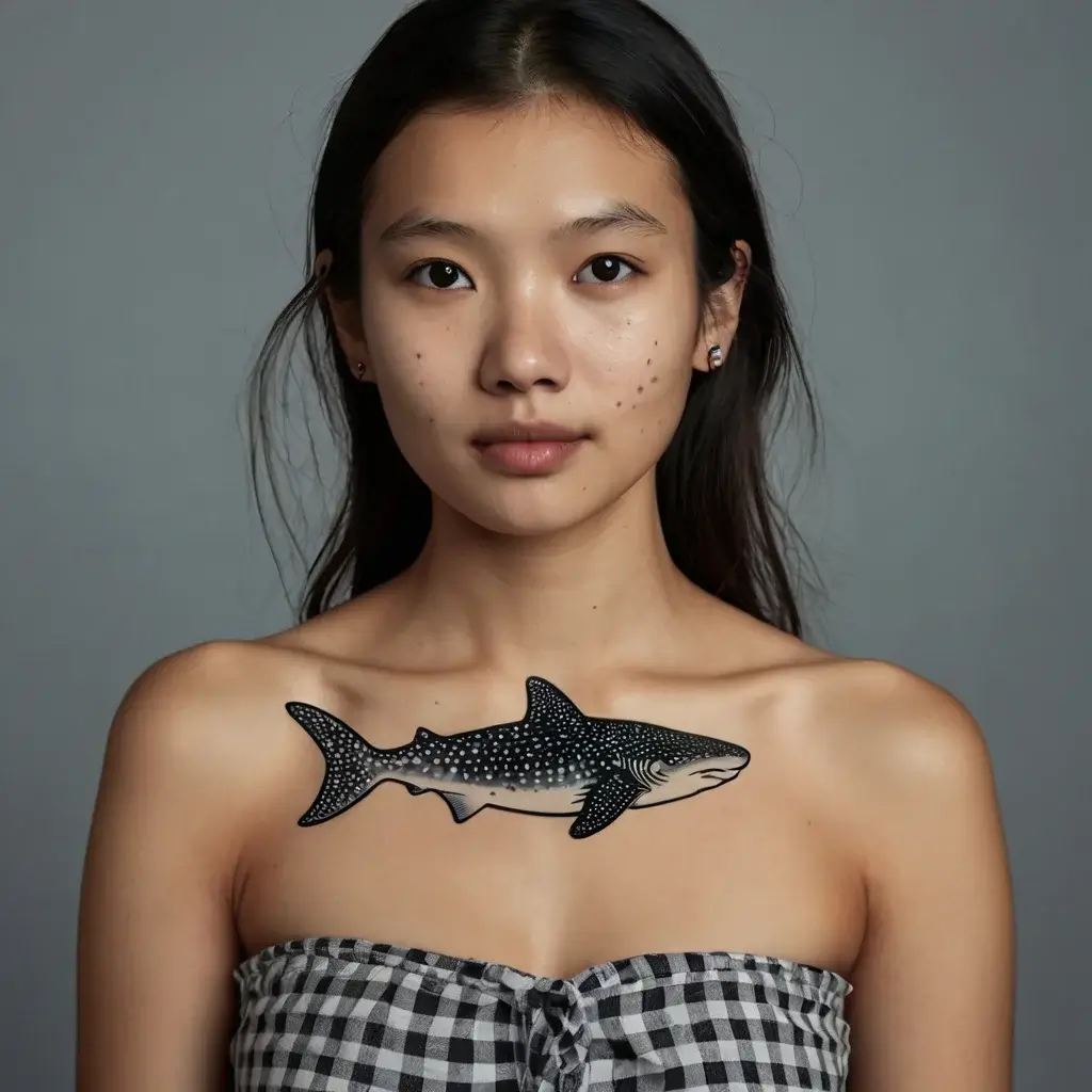 Tattoo of a detailed whale shark, boldly inked with spots and shading, placed prominently across the collarbone area.