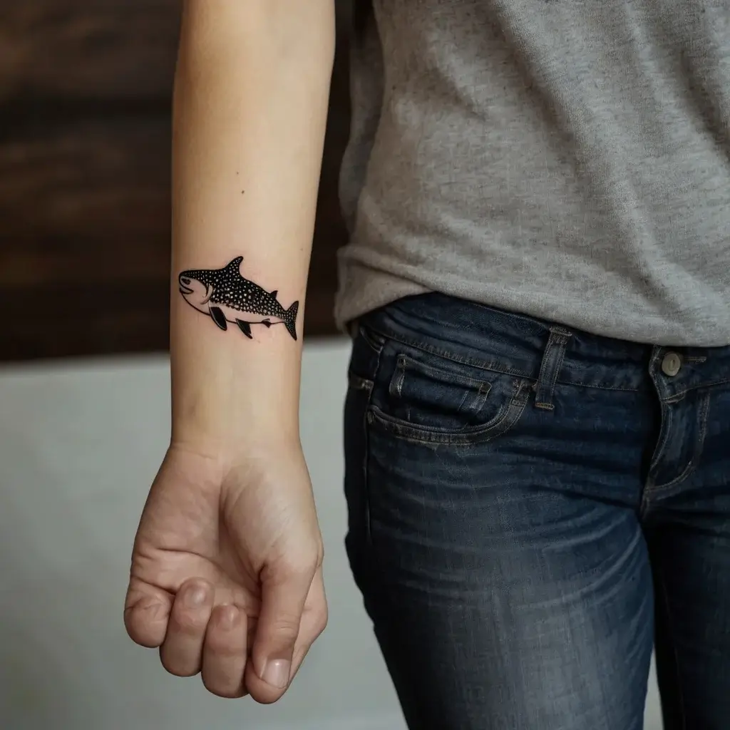 Tattoo of a stylized black shark with white spots on a forearm, showcasing bold lines and minimalistic detail.