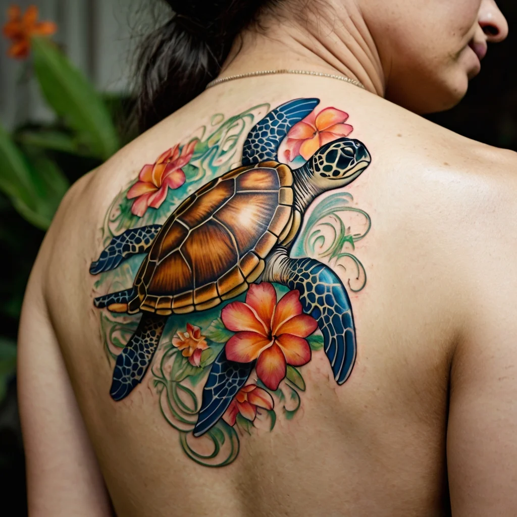 Colorful sea turtle tattoo with orange and pink hibiscus flowers and green waves on upper back.