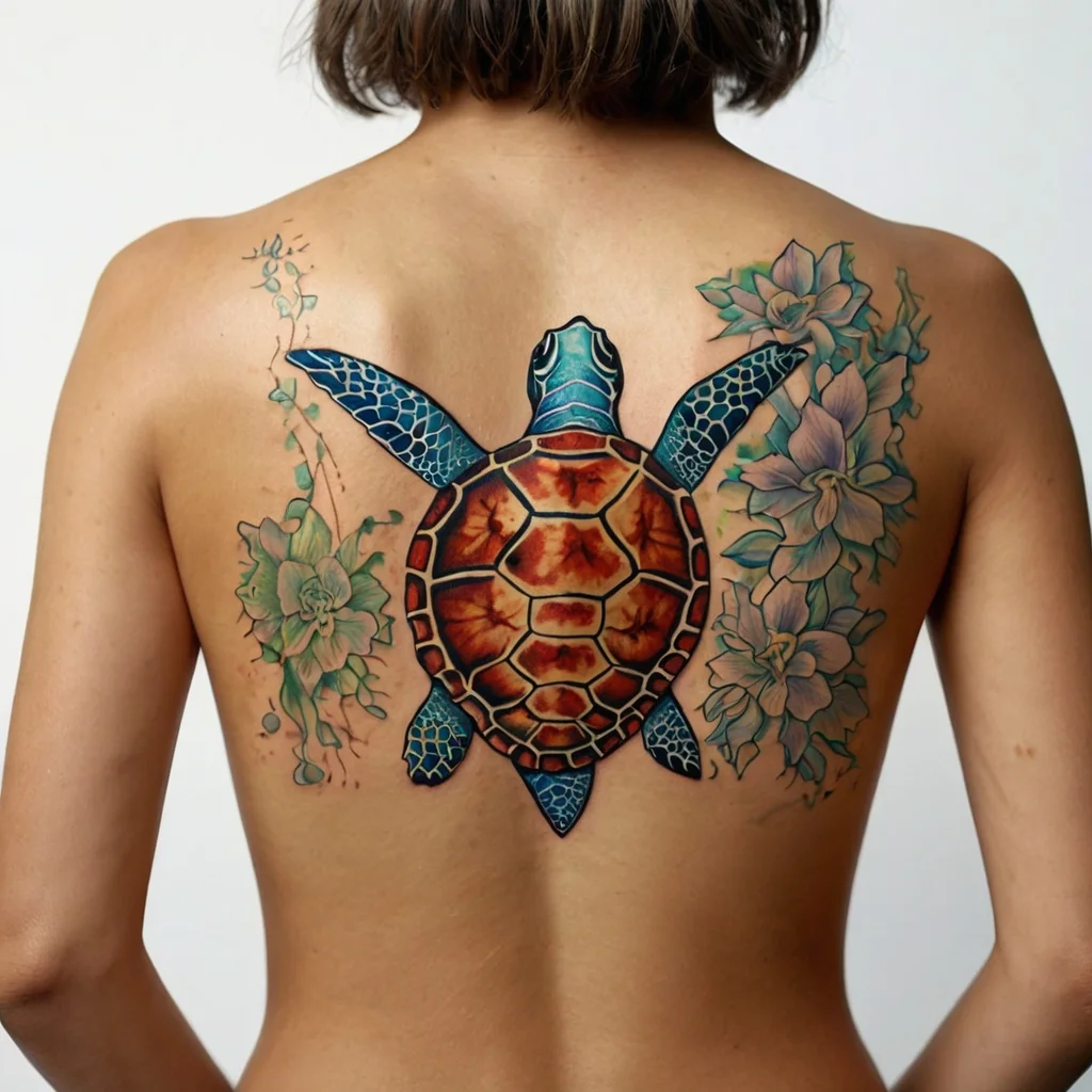 Back tattoo of a vibrant sea turtle with blue floral accents on both sides, creating a dynamic and colorful marine theme.