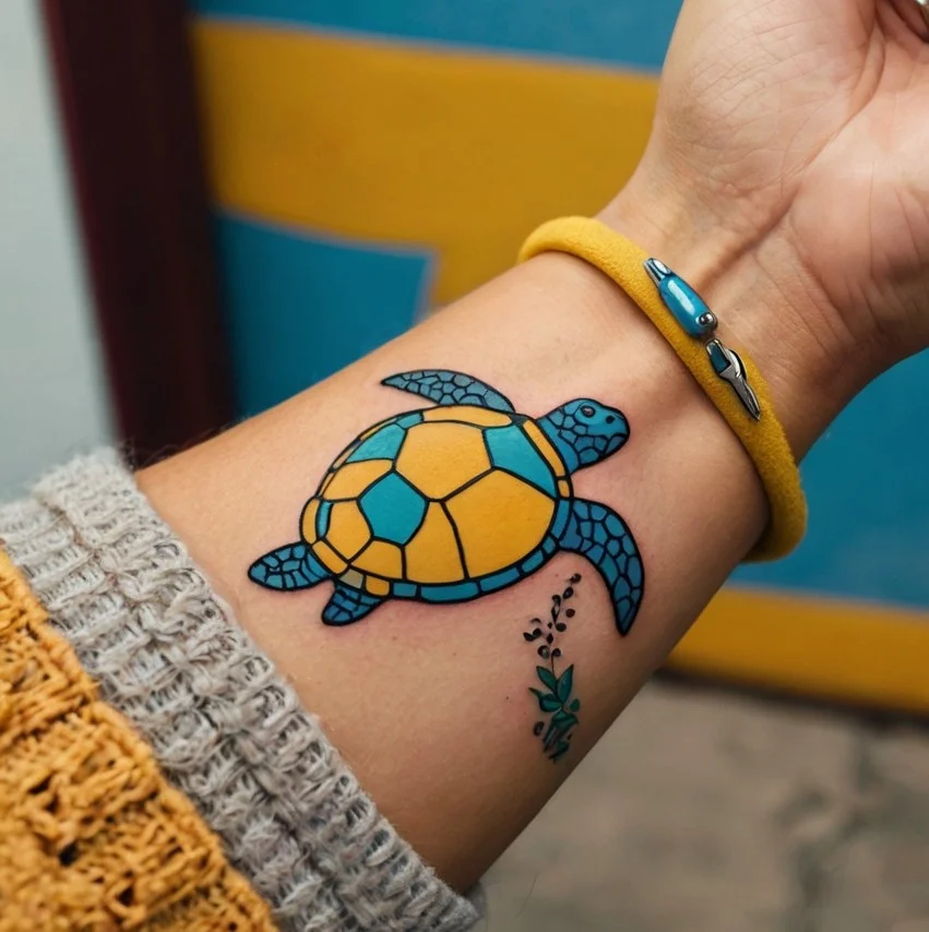 Colorful turtle tattoo with geometric yellow and teal shell, swimming above small green plants on forearm.