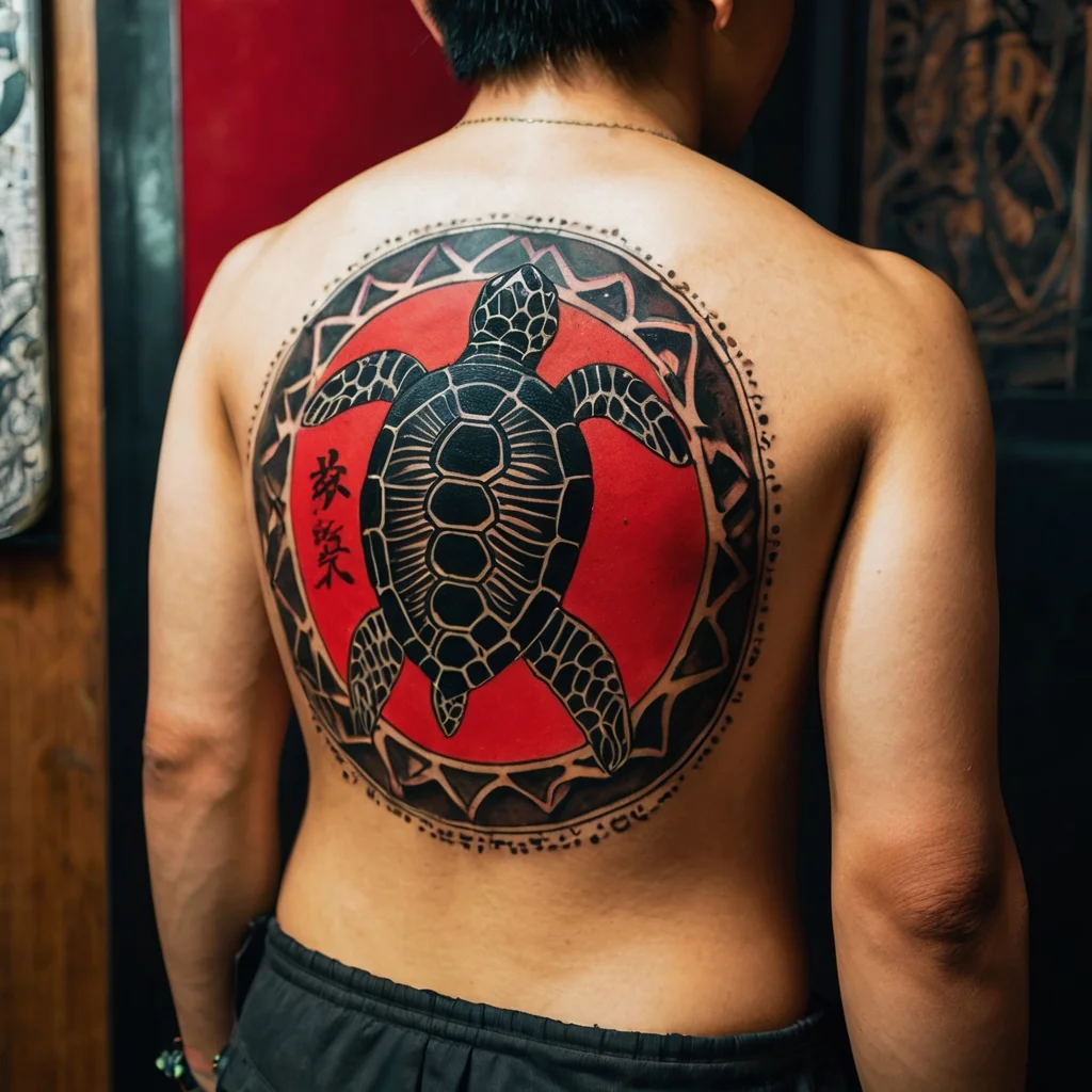 Intricate turtle tattoo with a bold black design over a red circle, surrounded by a geometric sun pattern.