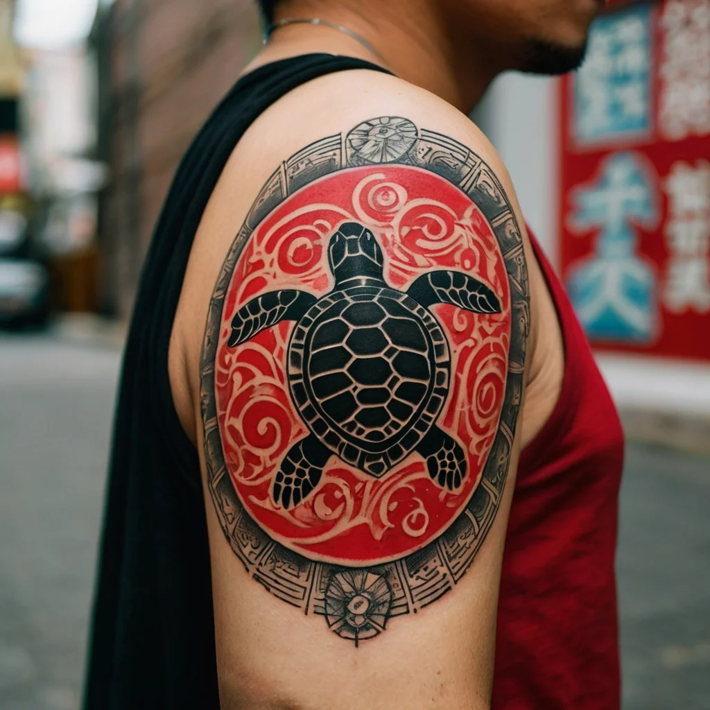 Tattoo of a black turtle on a red background with swirling patterns, framed by tribal circular accents on the shoulder.