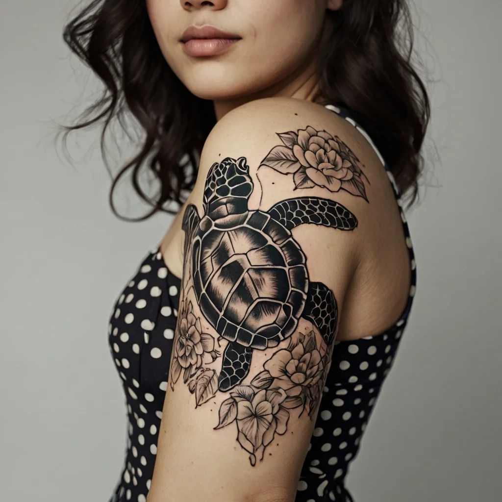 Tattoo of a detailed sea turtle surrounded by realistic flowers on the shoulder, blending nature and symbolism.