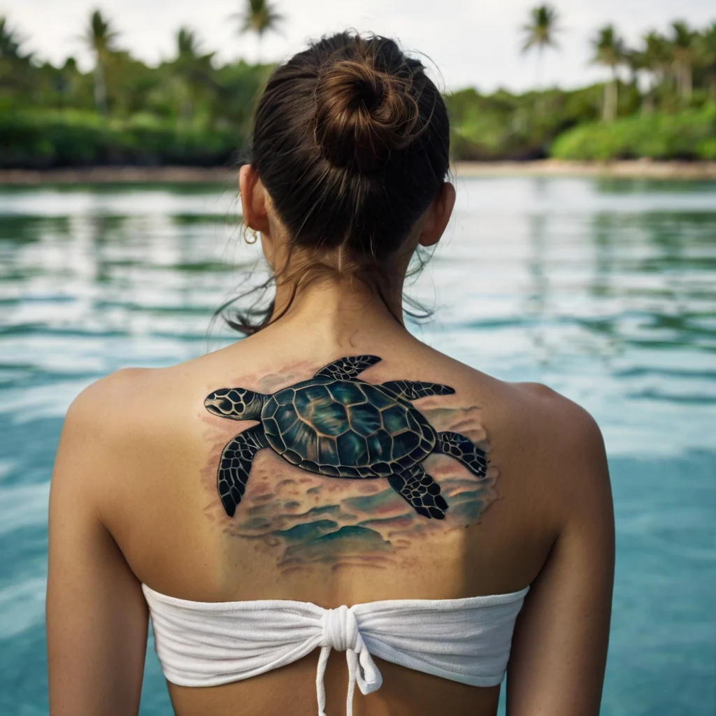 Realistic sea turtle tattoo on upper back, with detailed shell and subtle ocean hues, creating a soothing aquatic vibe.