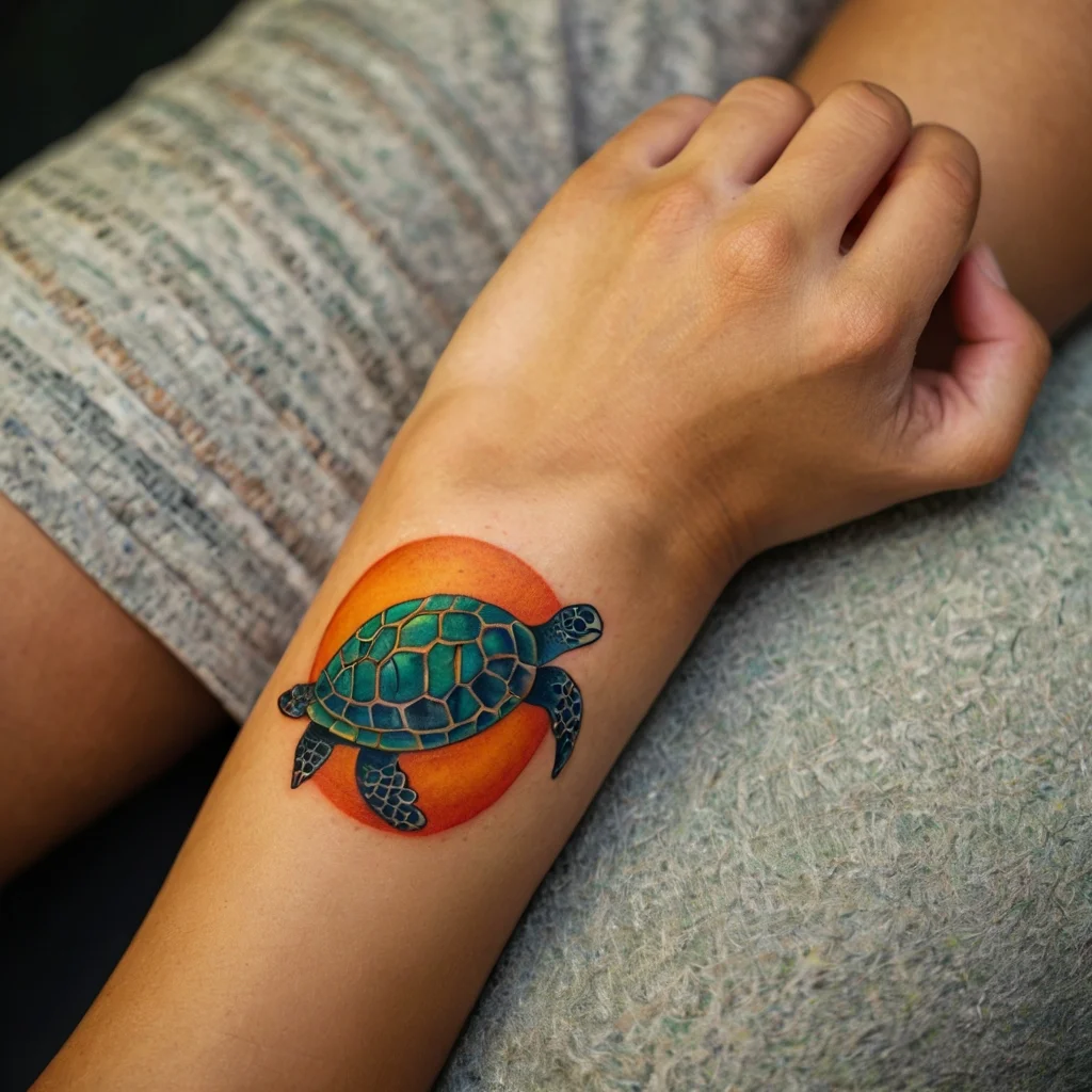 A vibrant tattoo of a green sea turtle over an orange circle, symbolizing harmony and nature's balance on the arm.