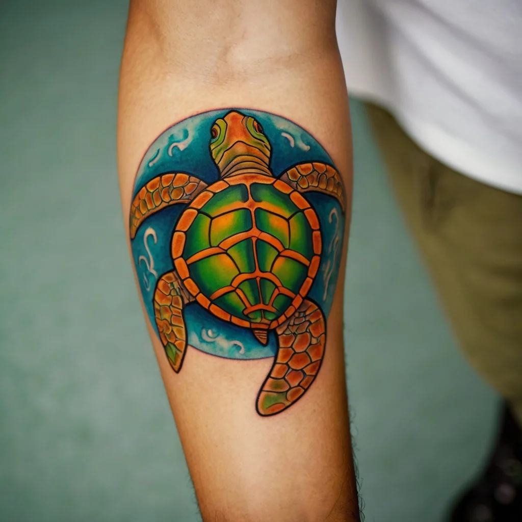 Colorful sea turtle tattoo with a vibrant green shell and orange accents, set against a swirling blue ocean background.